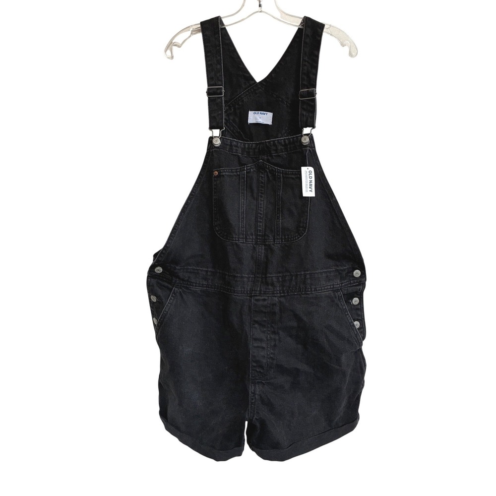 Old Navy Slouchy Straight Black Denim Shortalls Overalls Womens XL NWT 549515 - Picture 2 of 10